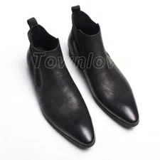 Pointed Toe Mens Pull on Chelsea Ankle Boots Real Leather Western Occident Style