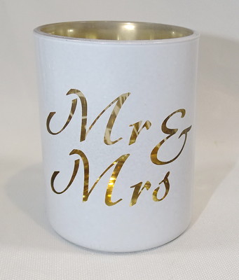 Teelichthalter''Glas Ø=5,5cm*Mr & Mrs*Teelichtglas*Hochzeit*Tisch-Deko weiß gold