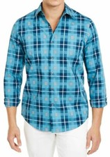 TASSO ELBA Island Teal Green Blue Plaid Front Button Long Sleeve Shirt XL