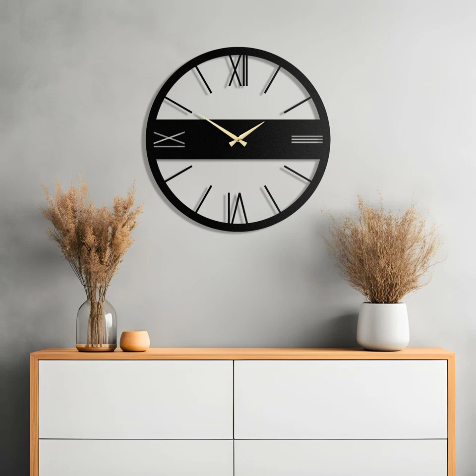 Reloj de metal de lujo moderno negro, reloj de pared de gran tamaño, reloj silencioso sin tictac Foto 4 de 4