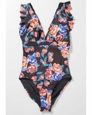 MODCLOTH Bathing Suit XS KELSIE Maillot 1-Piece Floral V-Neck Flutter Sleeve NEW