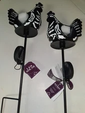 🕸️ New 2 Metal Skeleton Chicken Crackle Glass Solar Light HALLOWEEN Yard DECOR 