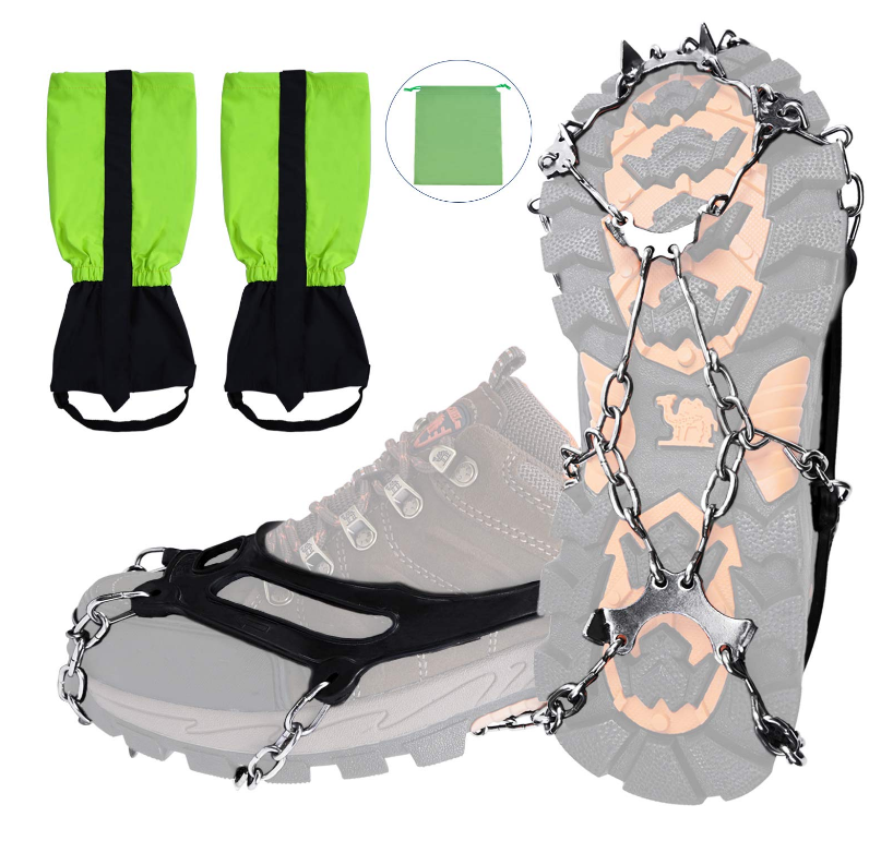 Traction cleats, ice and snow grips and snow base leggings set
