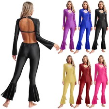 Womens Bodysuit One Piece Dancewear Mock Neck Bell-Bottom Jumpsuit Bodycon Yoga