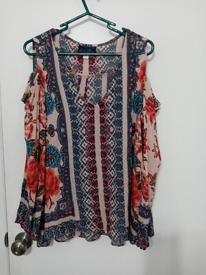 Blue Rain Cold Shoulder Floral And Paisley flared Sleeve V Neck Peasant Blouse