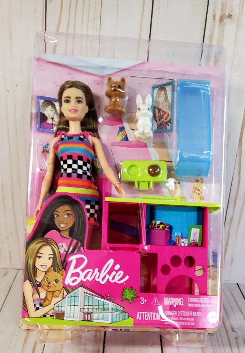 Mattel BARBIE DOLL PETS PLAYSET Brunette w Checkered Dress Dog Bunny
