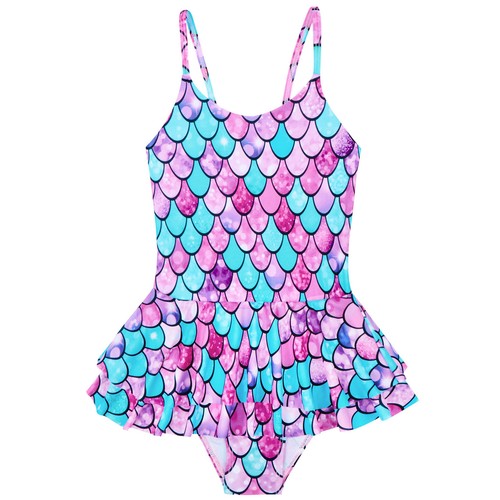 Kids Girls Swimmsuits Fish Scales Print Swimwear Tiered Skirt Bodysuit Mermaid - Picture 20 of 43