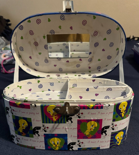 Tweety Travel Cosmetic Train Case Hinged Leather Handle Mirror and Tray - NWOT - Picture 7 of 11