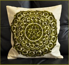 Cotton Silk Suzani Green Embroidery Hand Made Beige Pillow / Cushion Cover India
