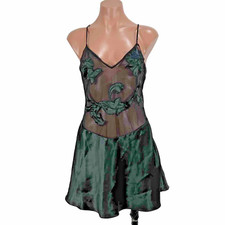 Vintage Josie by Natori Chemise Black Illusion Mesh Negligee Babydoll Satin sz M