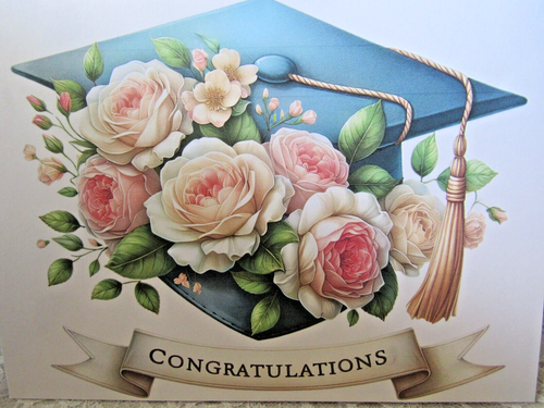 Graduation congratulations card, blue cap, gold tassel, roses, nice ...