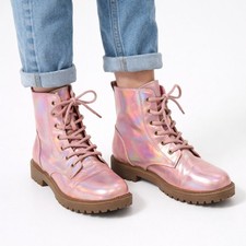 ✨ Pink Holographic Combat Boots – Youth Size 4 ✨