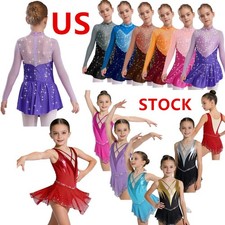 US Kids Girls Figure Skating Dance Dresses Long Sleeve Shiny Rhinestones Costume