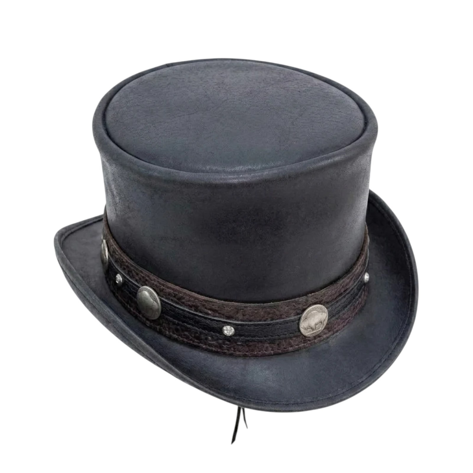 Cappello Top Pelle Nero Bull Nickel Band Artigianale Steampunk Vittoriano Taglia S-XL