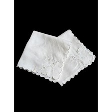 Vintage Handkerchiefs Set 2 White Embroidered Floral Scalloped Edge As is read