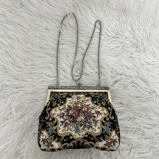 Vintage Tapestry Purse Handbag Floral Decorative Gold Metal Chain Strap Lined