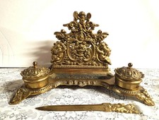 Vintage Brass Inkstand, Victorian Inkwell Desk Set, Ornate Letter Opener Holder
