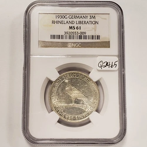1930-G Germany Weimar Rhineland 3 Mark  .2411 oz ASW - NGC MS 61 - Q2465