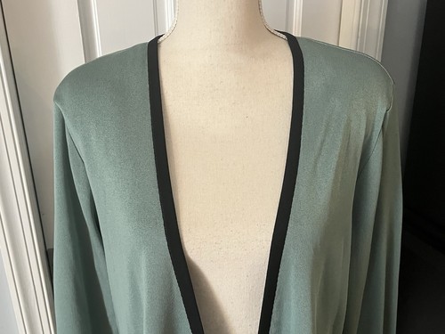 Misook Green Cardigan Sweater Black Trim Open Front Shoulder Pads Womens Large - Picture 3 of 11