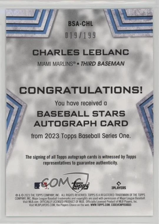 2023 Topps Series 1 Baseball Stars Black /199 Charles Leblanc Rookie Auto RC - Image 2 of 2
