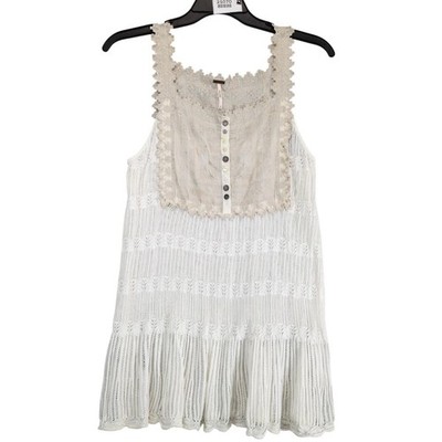 Free People Cream Embroidered Lace & White Knit Mini Dress Sz M Festival Boho