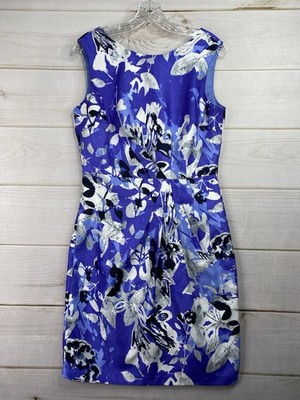 Ellen Tracy Dress Sz 12 Blue Floral Sleeveless Lined Boho Career Classic Pleats