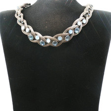 Vintage Silver Mesh Necklace Blue Moonstone Cabochons & Rhinestones