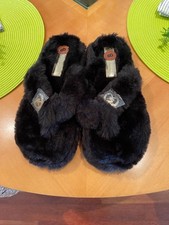 Michael Kors Black Faux Fur MK Gold Logo Flip Flop Slippers Women s 8 - New Item