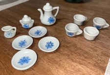 13 Piece Vintage Ceramic Handmade Tiny Tea Set Blue  White Miniature Pretend