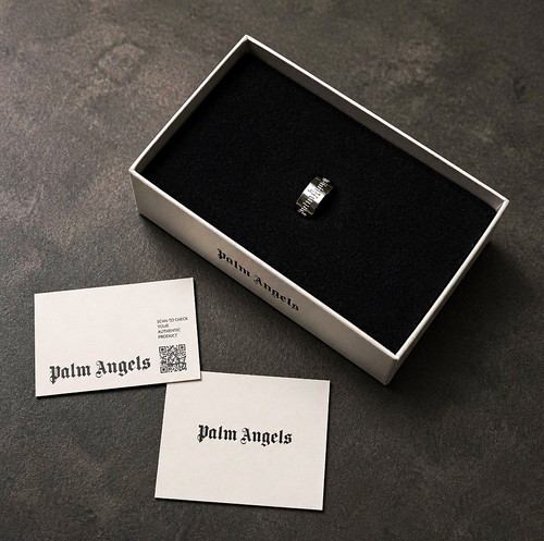Palm Angels Classic Logo Engraved Band Ring Silver Tone Brass 58 8mm