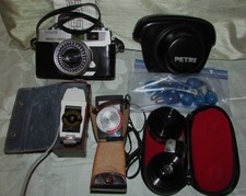 VINTAGE PETRI 7 CIRCLE EYE 35mm FILM CAMERA, METER, LENSES, FLASH,  CASE, VG