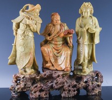 FINELY CARVED CHINESE SOAPSTONE THREE STAR GOD IMMORTALS FIGURES w DISPLAY BASE 
