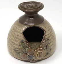Handmade Pottery Bird House Flameless Tealight 3D Floral 3.5" Artisan Signed