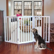Indoor Dog Safety Gate Freestanding 32 Inch Tall Foldable Wood White Puppy Gate