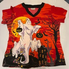 UA Scrubs Uniform Top Halloween Ghosts/Bats Preowned A7-3 