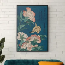 Hokusai Canary and Peonies Canvas/Poster Wall Art - Japanese Ukiyo-e Print