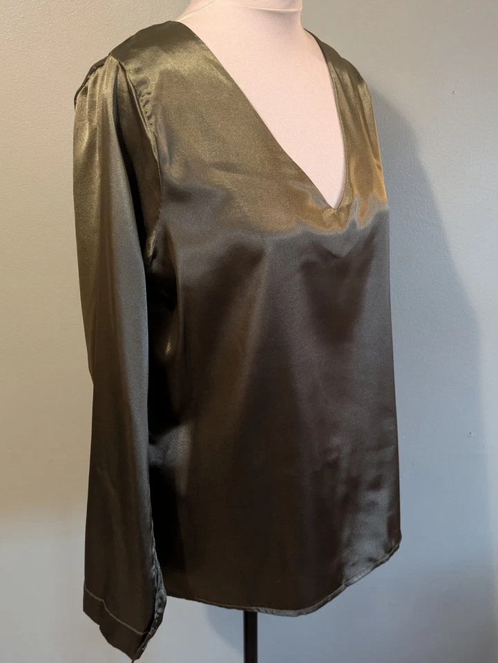 Olive Green Satin Look Blouse Size L UK 14 V Neck Top Long Sleeves Button Cuff - Image 3 of 4