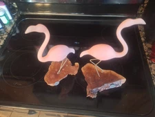 Pair Vintage John Perry Pink Flamingo Figures On Burl Wood