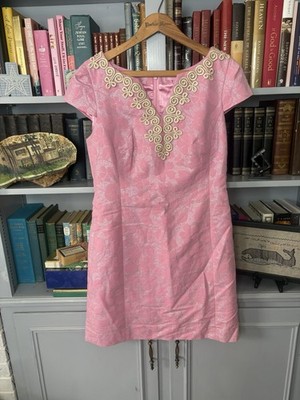 LILY PULITZER ANNIE DRESS PINK METALLIC GOLD SILVER FLORAL JACQUARD COCKTAIL 4