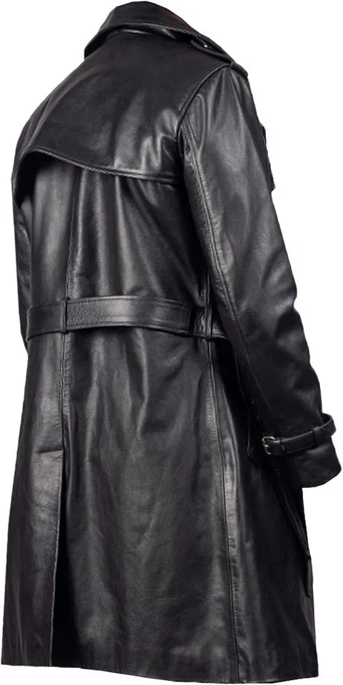 Men’s Long Black Genuine Leather Trench Coat Vintage Double-Breasted Belted Coat - Image 3 of 4