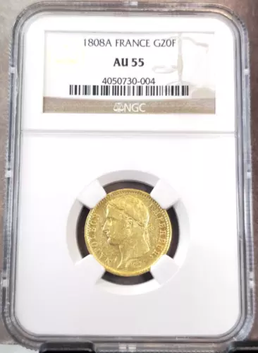 1808 FRANCE GOLD 20 FRANCS EMPEROR NAPOLEON BONAPARTE NGC AU 55 BEAUTIFUL COIN