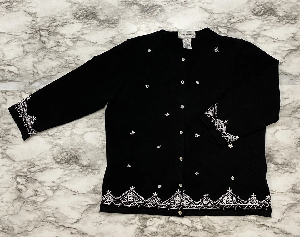 Rena Rowan Womens Sweater Size M Black White Embroidered Silk Blend Button Up - Image 4 of 4