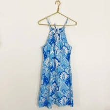 J. McLaughlin Medium Blue Geometric Halter Dress Catalina Cloth Knee Length