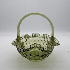 Vintage Fenton Colonial Avocado Green Glass Basket W/ Handle Ruffled Thumbprint