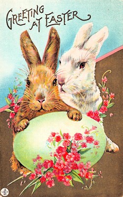 Antique Easter Card Fantasy Bunny Egg Hunt Vtg Postcard D27
