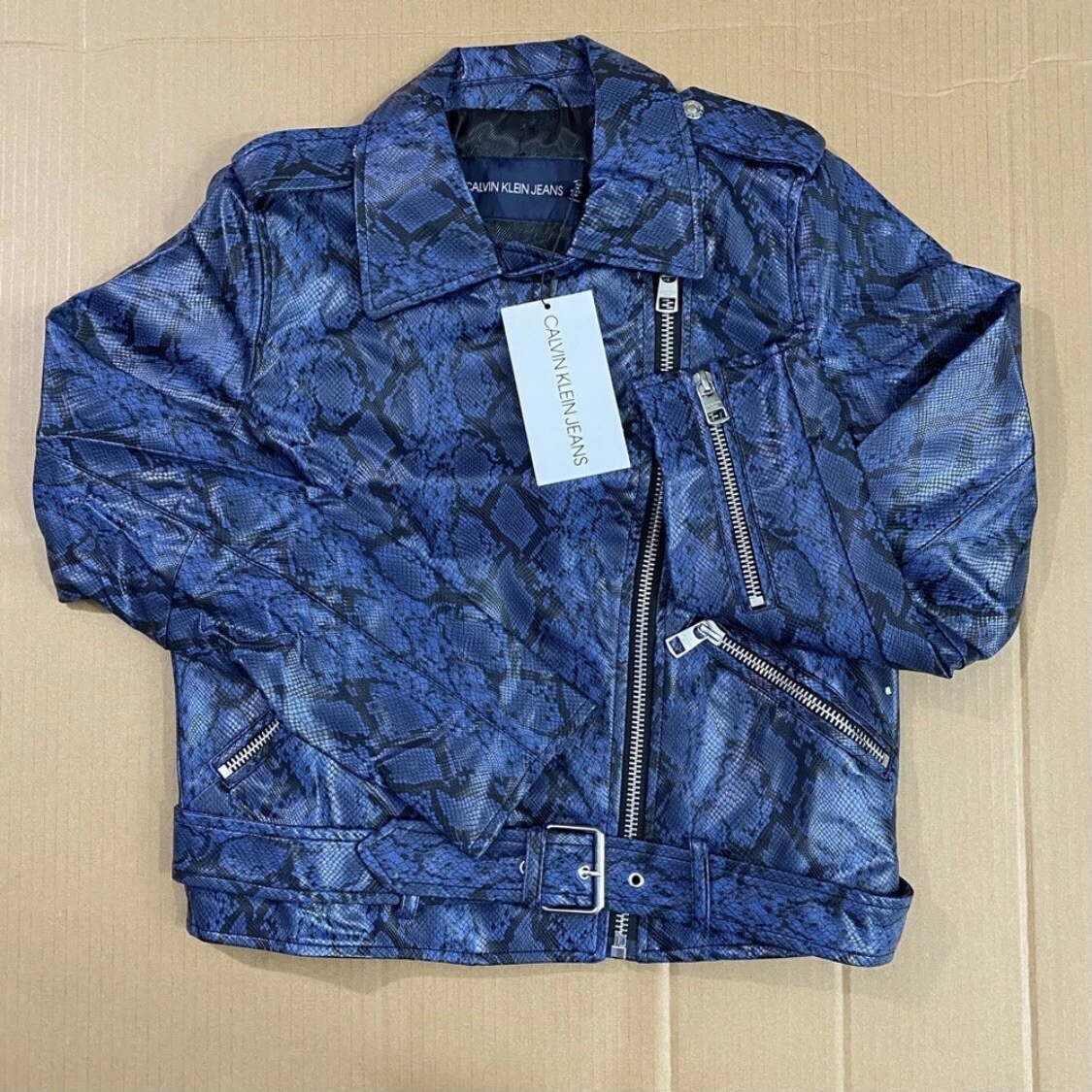 Calvin klein blue leather jacket sale