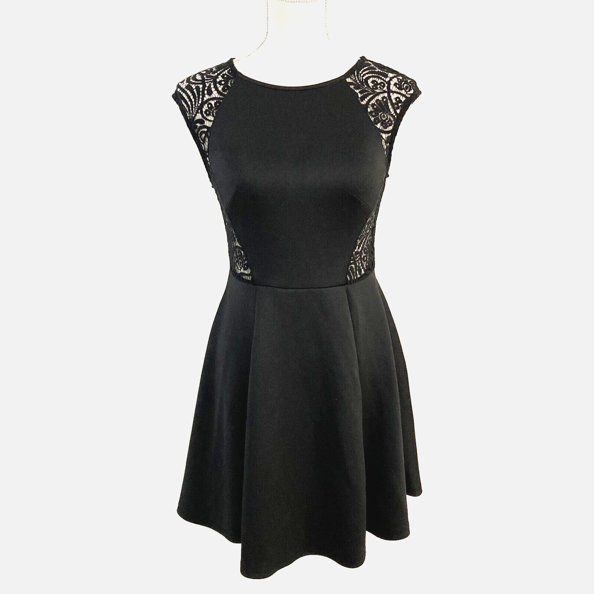 Bar III Size Small Dress Mesh Lace Sides Fit & Flare Deep Black Rose Gold Zip Bar III Size Small Dress Mesh Lace Sides Fit & Flare Deep Black Rose Gold Zip
