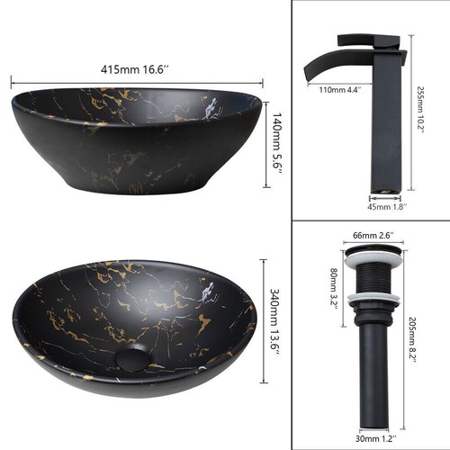 Black Bathroom Ceramic Sink Oval Vessel Basin Bowl Combo Faucet Drain Set - Picture 6 of 11