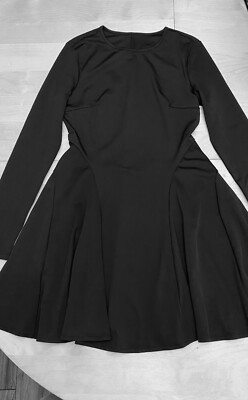 Womans Petite Black Skater Dress Stretch Fit Flare Above Knee Long Sleeve  UK S UK