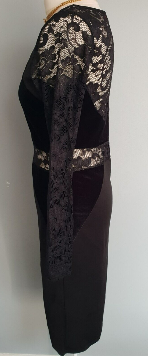 BOOHOO, LITTLE BLACK SHIFT DRESS WITH LACE PANELS, FAUX VELVET, UK